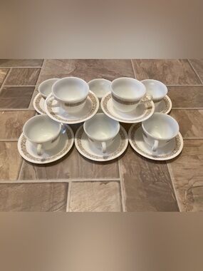 VINTAGE CORELLE PYREX WOODLAND BROWN CUPS SAUCERS-8 SETS